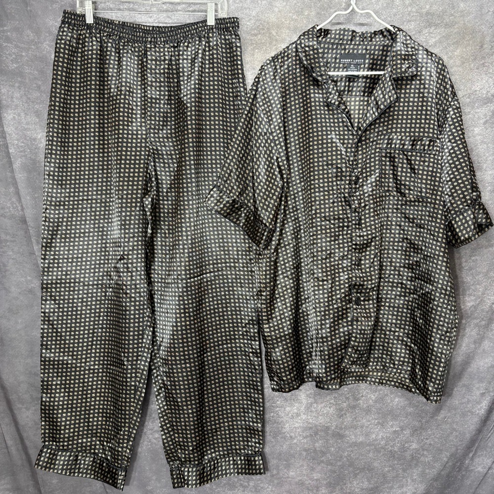 Robert Louis Silk Blend Pajama Set Size XL Black Gold Geometric Luxurious